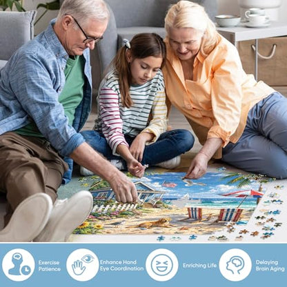 500 Piece Jigsaw Puzzle for Adults, Beach Seaside Puzzle with House Sunflowers Dogs Seagulls, Coastal Landscape Puzzles 500 Piece for Seniors Teens, Funny Relaxing Family Puzzles Gift 20.5 x 15 in