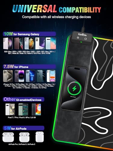 Wireless Charging RGB Gaming Mouse Pad, 31.5"x15.7" XXL Large Desk Mat | Desk Pad for Gamer, 9 Light Modes, Non-Slip Rubber Base, Waterproof Computer Keyboard Mat, Black and Topographic Line - color: Black-white Topographic Line