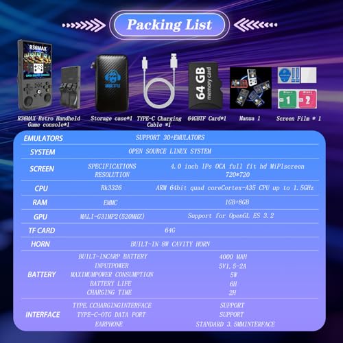 R36MAX 4000mAh Portable Rechargeable Handheld Retro Game Console,Handheld Retro Game Console with 64G TF Car,4.0-inch Screen,Feminine+Masculine Colors Easy Install for Travelers,Black - color: Shining Black