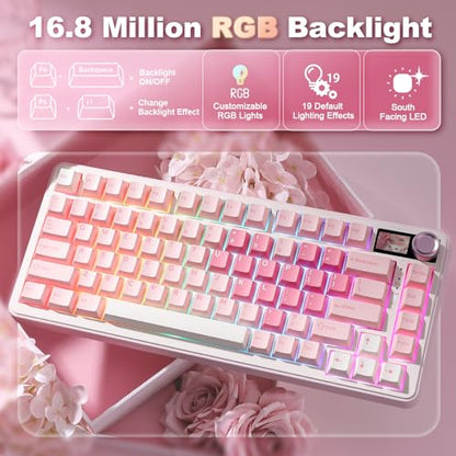 YUNZII B75 PRO MAX QMK/VIA Wireless Mechanical Keyboard | 75% Layout with Screen and Knob, Custom Hot Swap, Gasket, Creamy Switches, for Win/Mac (Pink Heart,Milk V2 Switch) - color: Pink Heart, size: Milk V2 Switch