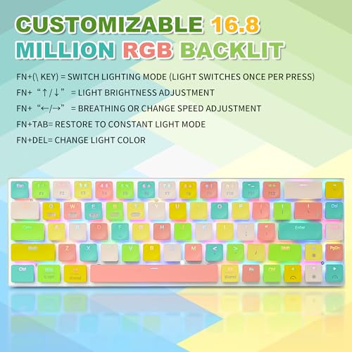 65% Wireless Mechanical Gaming Keyboard - 68 Keys RGB Backlit, Low-Profile Clicky Blue Switches, Ultra-Slim Design, Triple-Mode (2.4G/BT5.0/USB-C), for Office/Gaming - Colorful Edition