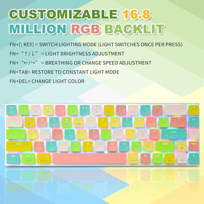 65% Wireless Mechanical Gaming Keyboard - 68 Keys RGB Backlit, Low-Profile Clicky Blue Switches, Ultra-Slim Design, Triple-Mode (2.4G/BT5.0/USB-C), for Office/Gaming - Colorful Edition