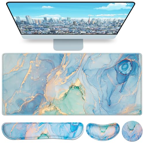 Desk Mat Blue, Large Gaming Mouse Pad with Wrist Rest, 4in1 XXL Mousepad+Keyboard Wrist Rest+Mouse Pad Wrist Support+Cup Coaster Set Ergonomic Computer Desk Arm Wrist for Decor Home Office Table Women - color: Jade Blue Marble