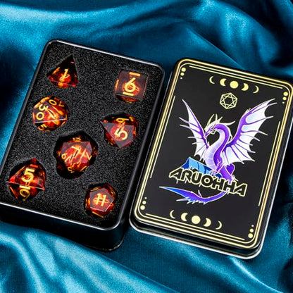 ARUOHHA DND Resin Dice Gazes Eye Dice Liquid Core Flaming RPG Sharp Edged Dice Set with Gift Box, Polyhedral D and D Dice Set Compatible with Dungeons Dragons Role Playing Game D20 D12 D10 D8 D6 - color: Sl01-gold Red