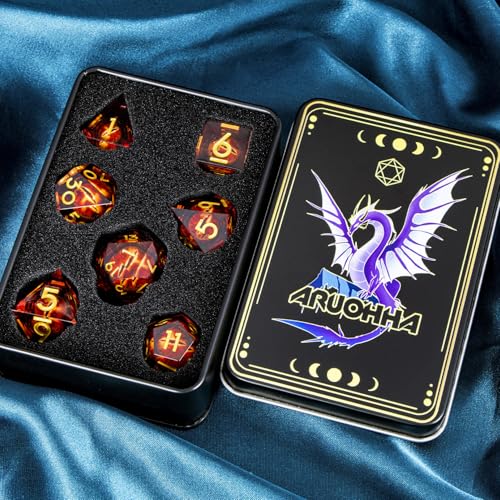ARUOHHA DND Resin Dice Gazes Eye Dice Liquid Core Flaming RPG Sharp Edged Dice Set with Gift Box, Polyhedral D and D Dice Set Compatible with Dungeons Dragons Role Playing Game D20 D12 D10 D8 D6 - color: Sl01-gold Red
