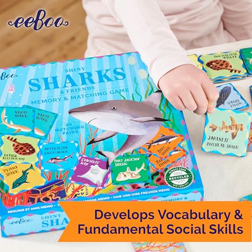 eeBoo Shiny Sharks & Friends Memory & Matching Game, Ages 3+, 1-4 Players | Introduces sharks & marine life. Sharpens recognition, concentration & memory skills. Includes 48 foil tiles, 24 pairs - style: Shiny Sharks & Frinds