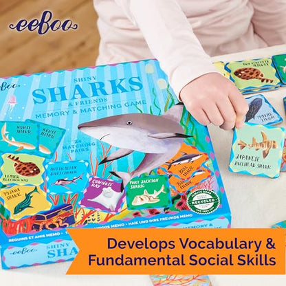 eeBoo Shiny Sharks & Friends Memory & Matching Game, Ages 3+, 1-4 Players | Introduces sharks & marine life. Sharpens recognition, concentration & memory skills. Includes 48 foil tiles, 24 pairs - style: Shiny Sharks & Frinds