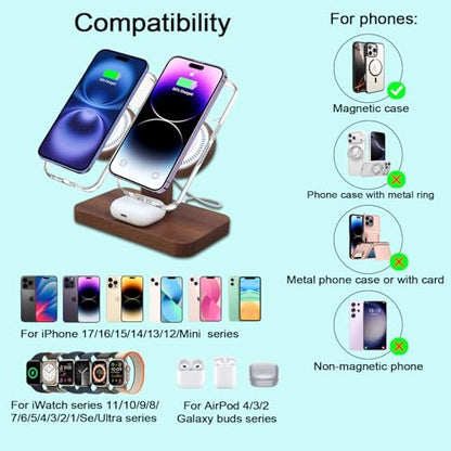 3 in 1 Wireless Charging Station for Apple Devices 24W Dual Phone Charging Station for 2 iPhone 17 16 15 14 13 12 Series iWatch 11 10 9 8 7 6 5 4 AirPod Magnetic Wireless Phone Charger Stand - color: With Apple watch charger