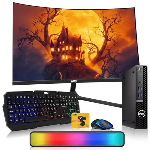Dell Optiplex Tiny Mini Desktop PC, Intel Core i5, 16GB RAM, 512GB SSD with 24 inch Curved Monitor, AI Enabled RGB Keyboard Mouse, RGB Soundbar and Webcam Windows 11 Pro (Renewed) | Desktop Computer 24 Inch Curved Monitor, RGB KBM, Soundbar, Webcam, USB W