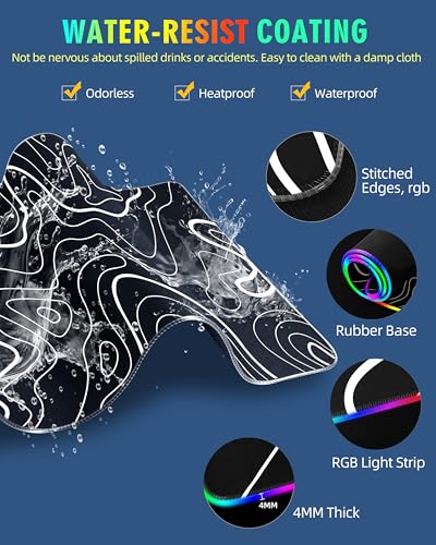 Wireless Charging Mouse Pad, RGB Gaming Mousepad, 31.5"x15.7" in | Extra Large Desk Mat, 13 Light Modes, Non-Slip Rubber Base, Waterproof Computer Keyboard Mat, Black Topographic Line - color: Black Topographic