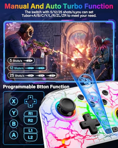 Switch Controller Compatible with Nintendo Switch/Switch Lite/OLED/PC | Programmable Wireless Switch Controller with 10 LED Light, 6-Axis Motion, Turbo, Vibration, One-Key Wake Up & Pairing, White - color: white