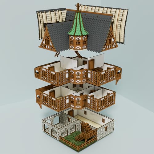 The Tavern - Medieval House (Crooked Elbow) DIY Wooden House Building Kit -715PCS; 12hrs Assembly time; Age Group 18+ - Realistic - color: High Medieval House