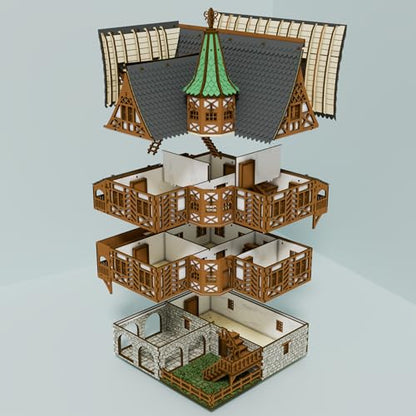 The Tavern - Medieval House (Crooked Elbow) DIY Wooden House Building Kit -715PCS; 12hrs Assembly time; Age Group 18+ - Realistic - color: High Medieval House
