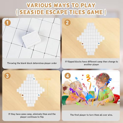 65 Tiles 30mm Seaside Escape Game Block Matching Game for Kids, Vita Mahjong Game Set in ABS Plastic Material Set with 4 DIY Stickers (White) - color: White