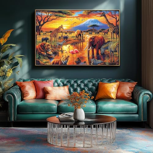 MINIWAN 1000 Piece Jigsaw Puzzles for Adults & Seniors - African Safari Animals Kilimanjaro Sunset Puzzle, 27.5"x19.7" Adult Puzzle with Letters on Back & Reference Poster - color: African Safari Animals
