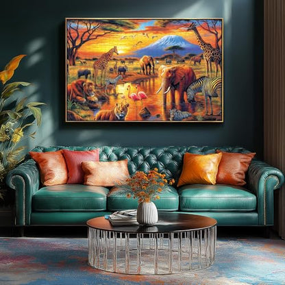 MINIWAN 1000 Piece Jigsaw Puzzles for Adults & Seniors - African Safari Animals Kilimanjaro Sunset Puzzle, 27.5"x19.7" Adult Puzzle with Letters on Back & Reference Poster - color: African Safari Animals