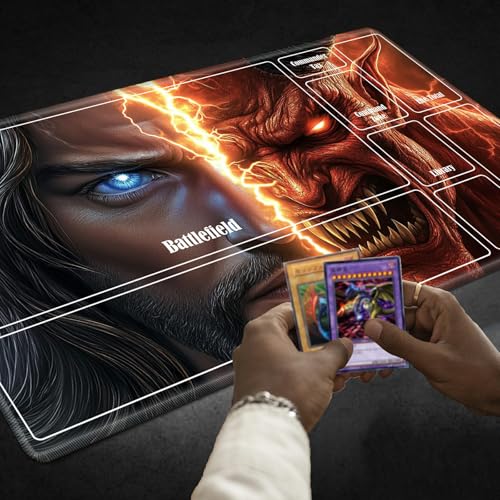 MTG Playmat with Zones, TCG Card Game Play Mat with Stitched Edges, Non-Slip Rubber Base Gaming Desk Mat, Smooth Surface 24 x 14 Inch, Jesus and the Devil - color: Jesus and the Devil, size: Zone 1