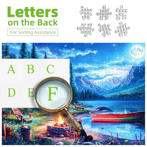Moonlit Lake Cabin 500 Piece Jigsaw Puzzle for Adults & Seniors, Night Scenery Puzzle with Log Cabin, Lake, Mountains Adult Jigsaw Puzzles with Letters on Back Fun Family Puzzle Gift - color: Colorful-moonlit Lake Cabin