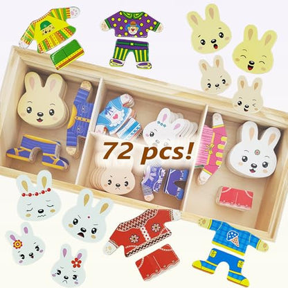 Wooden Bunny Family Dress-up Puzzle Box for Toddlers(72pcs),Change Clothes Puzzle Games, Preschool Learning Activities Toys for Kids Ages 3+ - color: Bunny