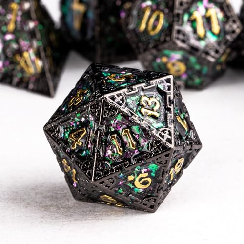 UDIXI Sequins Metal Dice Set D&D Dragon Metal DND Dice for Tabletop Games | 7-Pieces, Dragon Carved, Chain-edge Design, Metal Gift Box, DM Gift, for Dungeons and Dragons Role Playing Games - color: Chain Frame-green Purple Sequins