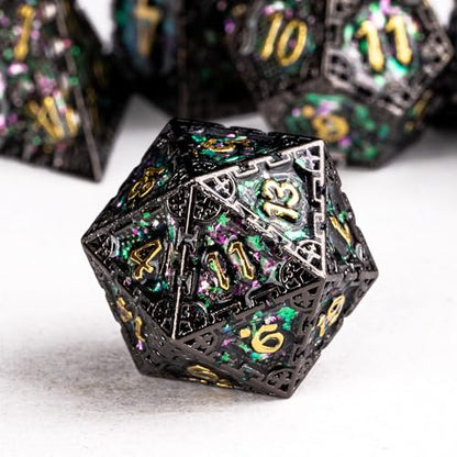 UDIXI Sequins Metal Dice Set D&D Dragon Metal DND Dice for Tabletop Games | 7-Pieces, Dragon Carved, Chain-edge Design, Metal Gift Box, DM Gift, for Dungeons and Dragons Role Playing Games - color: Chain Frame-green Purple Sequins