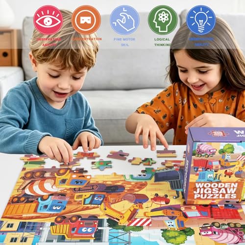 100 Piece Puzzles for Kids Ages 4-6 6-8 8-10, 100 Piece Construction Site Learning Educational Jigsaw Puzzles, Vehicle Kids Puzzles Ages 5-8 Gifts for Girls Boys - Every Piece is Unique - color: Construction Vehicle