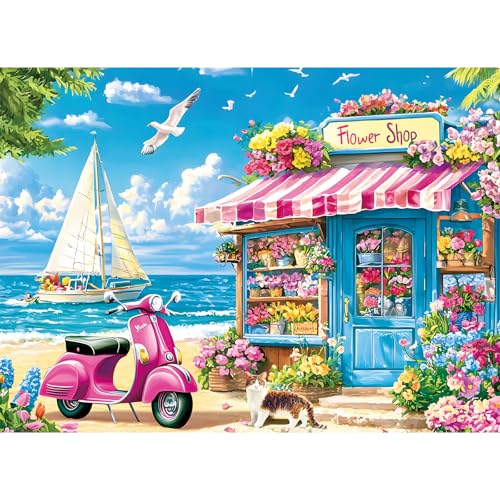 300 Piece Puzzles for Adults,Spring Seaside Flower Shop & Cat Jigsaw Puzzle | Interlock Perfectly Letter on Back No Dust,Home Wall Art Decor,Challenging Perfect Birthday Party Gift for Family, 20.5x15 In - color: Flower
