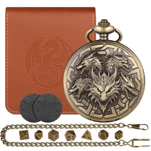 5 Dragon Heads Pocket Watch Case with 7pcs Polyhedral Tiny Metal Dice Kit, Mini DND Dice Set, D&D Starter Set, Role Playing Game Accessories, D&D Gifts with Gift Bag, Dragon Gifts - color: 5 Dragon Heads