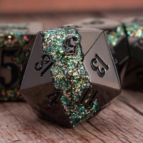 Metal DND Dice Set, 7PCS Polyhedral Metal Dice with Galaxy Glitter Inlay, Heavy RPG Dice Set for Dungeons and Dragons, Pathfinder Tabletop Games - color: Black Nickel Green