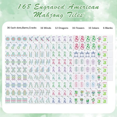 Soulchen 1.2 Inch Green Houseplant American Mahjong Set, 168 Pcs Tiles | Engraved, Tote Bag Dice Carry Pouch, Complete American Mahjong Set, Game Night Travel Vacation Collection Gift - color: Green, size: 1.2 Inch