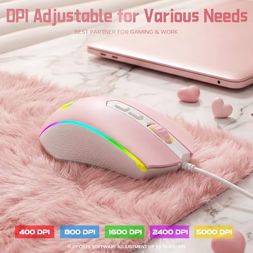Redragon Updated S107WP Gaming Keyboard and Mouse, RGB Gaming Keyboard and 10000 DPI Mouse Combo with 25-Key Anti-Ghosting, 1K Hz Programmable Mice with Software, Plug & Play to PC, Laptop - Pink - color: Pink