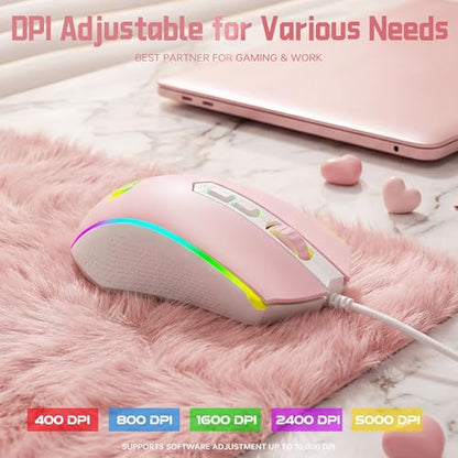 Redragon Updated S107WP Gaming Keyboard and Mouse, RGB Gaming Keyboard and 10000 DPI Mouse Combo with 25-Key Anti-Ghosting, 1K Hz Programmable Mice with Software, Plug & Play to PC, Laptop - Pink - color: Pink