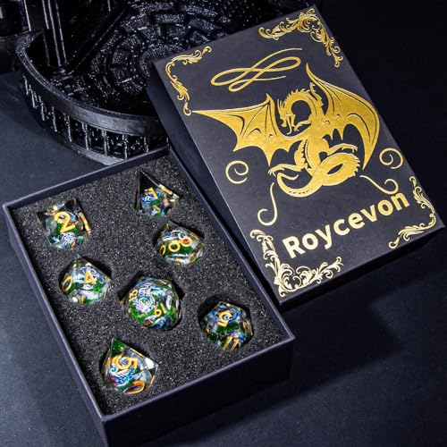 Roycevon Dragon Pattern Liquid Core DND Dice Set, 7Pcs Sharp Edge D&D Dice with Gift Box, Green Resin Dungeons Dragons D and D Role Playing Dice D20 D12 D10 D8 D6 D4 - color: Green Gold