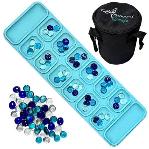 Travel Mancala Board Game Set – Flexible Silicone Roll-Up Board, 50 Stones & Zippered Canvas Bag – Portable Strategy Game for Adults & Teens (Light Teal) - color: Light Teal
