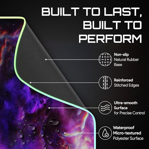 Gerlos RGB Gaming Mouse Pad, Large LED Desk Mat, 31.5 x 11.8 Inch | 12 light modes, non-slip base, water-resistant surface, stitched edges - color: Purple