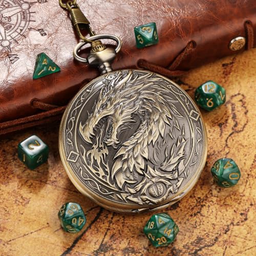 Mini DND Dice Set with Steampunk Dragon Large Pocket Watch Shell Case, 7-Piece Polyhedral Acrylic D&D Dice, DND Gift Bag with Dragon Logo, Role Play Board Game Accessories, Bronze + Green - color: Bronze + Green