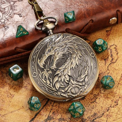 Mini DND Dice Set with Steampunk Dragon Large Pocket Watch Shell Case, 7-Piece Polyhedral Acrylic D&D Dice, DND Gift Bag with Dragon Logo, Role Play Board Game Accessories, Bronze + Green - color: Bronze + Green