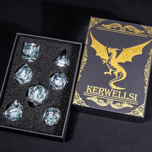 KERWELLSI Cat Liquid Core DND Dice Set with Gift Box, 7Pcs Resin Dungeons Sharp Edge D&D Dice, Dragons D and D Role Playing Dice D20 D12 D10 D8 D6 D4, White and Light Green Cat - color: White and Light Green Cat