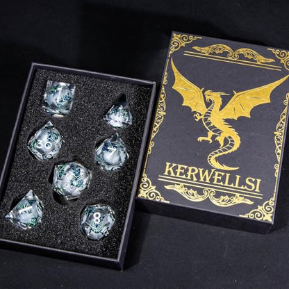 KERWELLSI Cat Liquid Core DND Dice Set with Gift Box, 7Pcs Resin Dungeons Sharp Edge D&D Dice, Dragons D and D Role Playing Dice D20 D12 D10 D8 D6 D4, White and Light Green Cat - color: White and Light Green Cat