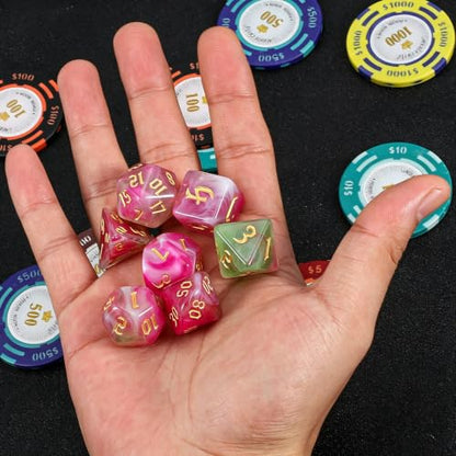 QMAY DND Dice Set -D&D Polyhedral Dice (7 Pcs) for Dungeons and Dragons (Pink Light Green) - color: Pink Light Green