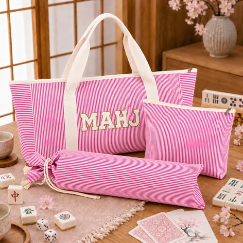 American Pink Mahjong Bag Set, 3 Empty Pcs of Mahjong Rack Storage Bags with Pink Stripes, Mahjong Tile Bag for Women Mahjong Lover or Man Party Supplies