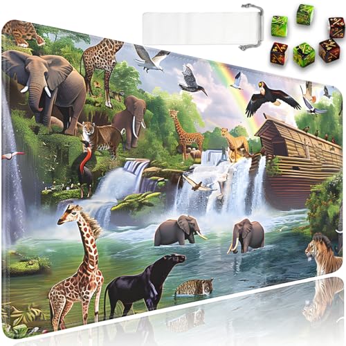 for MTG Playmat + Drawstring Travel Pouch + 6 Dice Counter, for Tabletop Trading Card Game Playmats or Mouse Pad, Anti-Slip Rubber 24 x 14 in, Animal Party Family for TCG Playmat (No with Zone) - color: JV-Playmat-6-1-I234