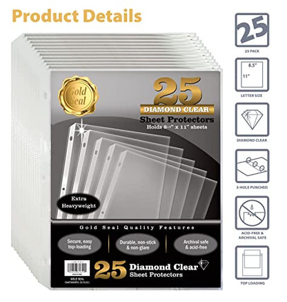 GOLD SEAL Sheet Protectors, 25 Pack 8.5 x 11 Anti-Glare Sheet Protectors for 3 Ring Binder, Top Load Page Protectors for 3 Ring Binder, Durable Clear Plastic Sleeves - size: 25 pack