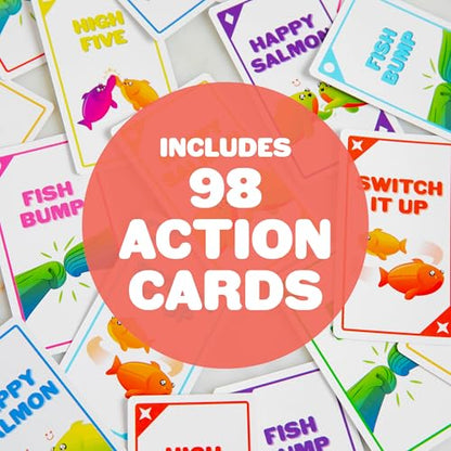 Exploding Kittens Happy Salmon Matching Card Game, 3-8 Players, Ages 6+ | Frantically shout your actions, find a matching player, complete the action, and discard your card. Fast 90-second travel fun