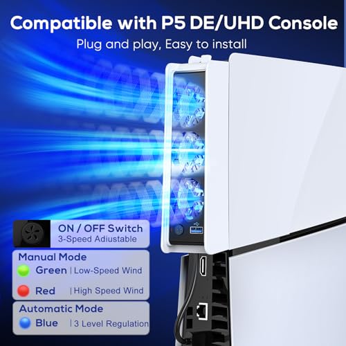 FASTSNAIL Cooling Fan wih LED Light for PS5 Slim Disc/Digital Console | Efficient Cooling with 3 Fan, Auto Power On/Off, Adjustable Speed, USB3.0 Port & LED Light, Silent Cooler System for PS5 Slim - color: White/Black