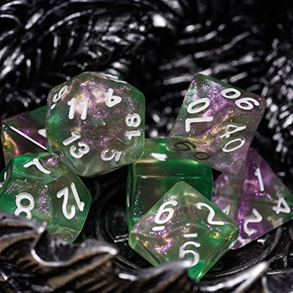 7-Die DND Dice Set Polyhedral Dice Set with a Leather Dice Bag, D&D Dice Set for RPG Table Games (Green Pink/Glitter) - color: Green Pink/Glitter