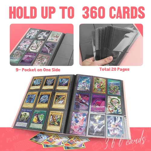 Card Binder 9-Pockets, Trading Card Binder, 20 Pages, 360 Card Capacity Collection Binder, Card Folder for MTG, TCG, Game Cards & Sports Cards(Pink) - color: Pink