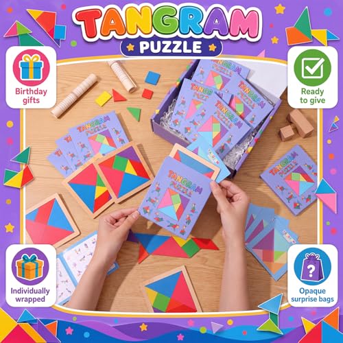 Dunzoom 50 Pack Wooden Tangram Puzzle for Kids, Bulk Party Favors and Classroom Rewards, Stem Learning Jigsaw Games, Educational Brain Teaser Toys, Goodie Stuffers for Ages 4-8 (Pastel Pink Purple) - color: Pastel Pink Purple