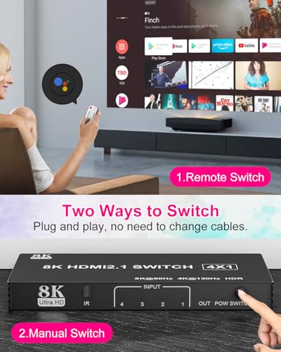 HDMI Switcher 4 in 1 Out - 4 Port 8K HDMI 2.1 Switch with Remote, Supports 8K@60Hz, 4K@120Hz, HDR10+, VRR, 3D, HDCP2.3 – Compatible with PS5, Xbox, Fire Stick, Projector, Monitor HDMI Splitter