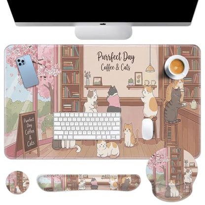 Arttown Keyboard Mouse Pad Set, 4 in 1 Desk Mat Set Cat Flower Pink | Cute Coffee Large Mousepad+Keyboard Wrist Rest+Mouse Wrist Rest+Coaster Ergonomic Design for Home Office Computer - color: Cat Flower